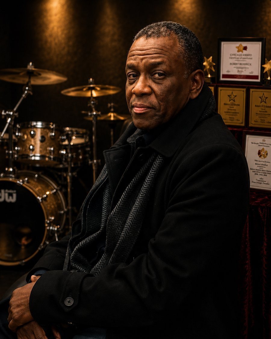Robert Reddrick in a black coat, seated beside his drum kit and a display of his theater awards